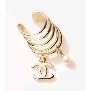 Chanel 22C Gold Pearl White CC Logo Dangle Drop Statement Cuff Earring Jewel